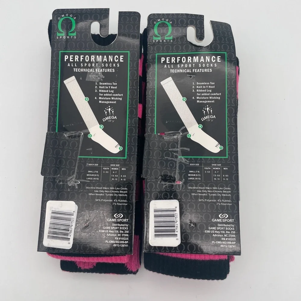 NWT 4 pairs‎ Omega Sports Black Pink Polka Dot Moisture Wicking Socks Medium